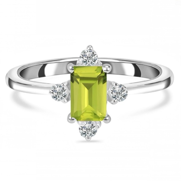 Jewelry - Natural Peridot and White Topaz Emerald Cut Sterling Silver Ring
